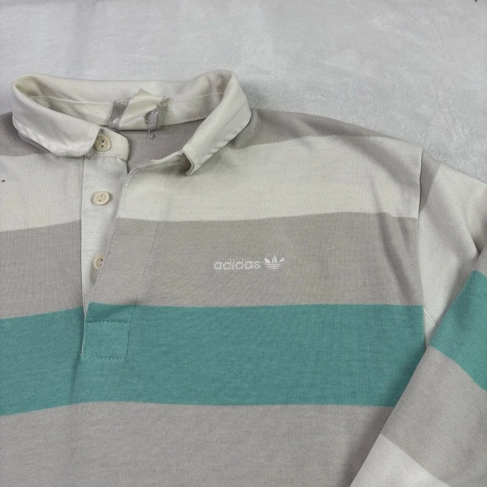 VTG Adidas Grey Striped Long Sleeve Collared Polo Rugby Shirt Men's Medium